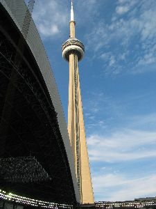 The CN Tower viewed through the open roof of the Skydome, Toronto, ON Canada (14k image)